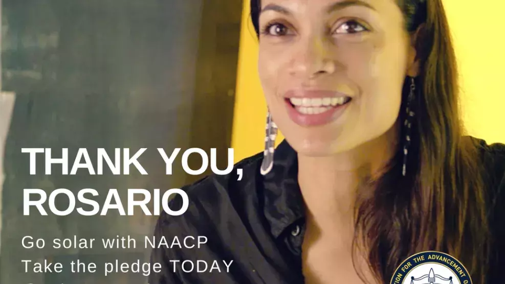 A woman pictured in front of a yellow wall with large white text reading "THANK YOU, ROSARIO" and smaller text below reading Go Solar with NAACP, Take the pledge TODAY, @ecjp_naacp | www.naacp.org