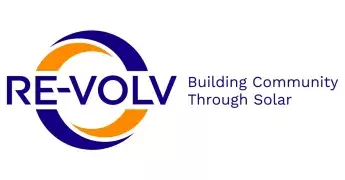 Blue and orange circular design behind large blue text reading RE-VOLV, with smaller blue text to the right reading Building Community Through Solar
