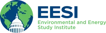 Graphic of earth with a white domed building in front of it, large blue text reading EESI to the right, and smaller green text beneath reading Environmental and Energy Study Institute