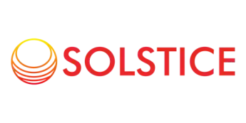 Logo image with the name SOLSTICE in large red font next to a circular design