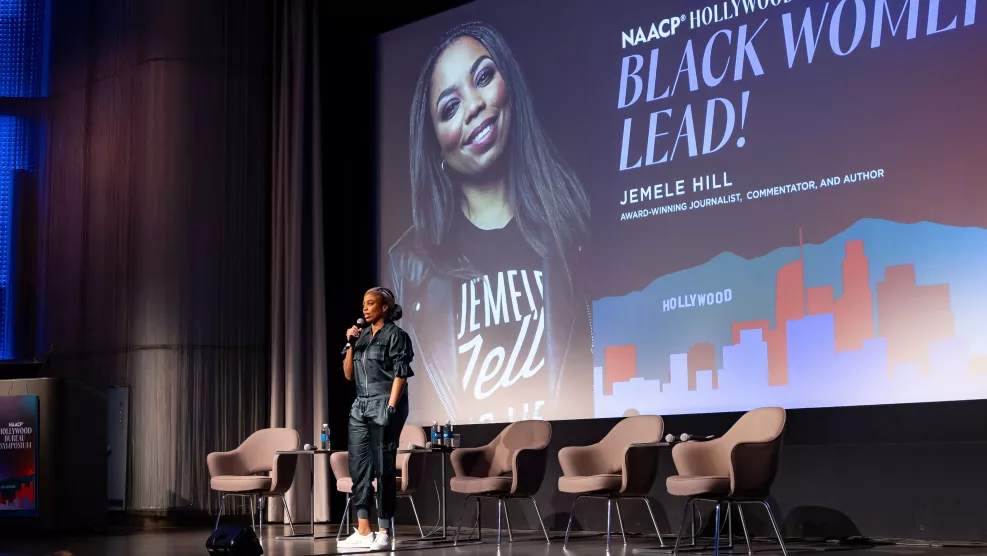 Jemele Hill stands onstage during the NAACP Hollywood Bureau Symposium.