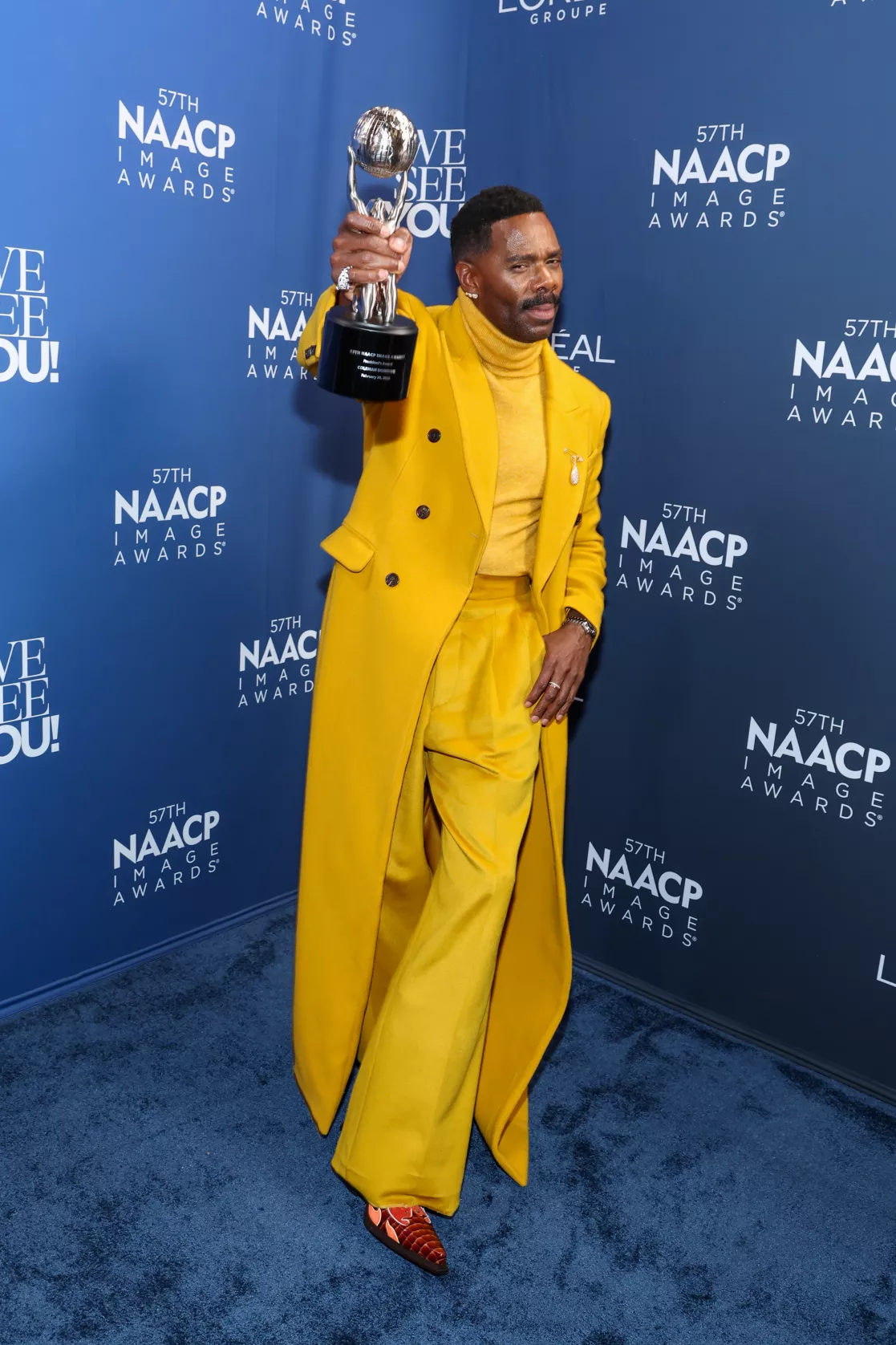 Actor Colman Domingo poses with his Image Award at the 57th NAACP Image Awards.
