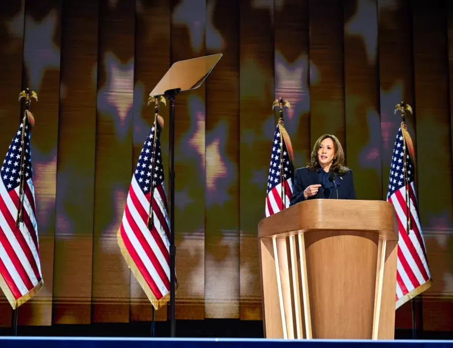 Vice President Kamala Harris at DNC podium accepting nomination