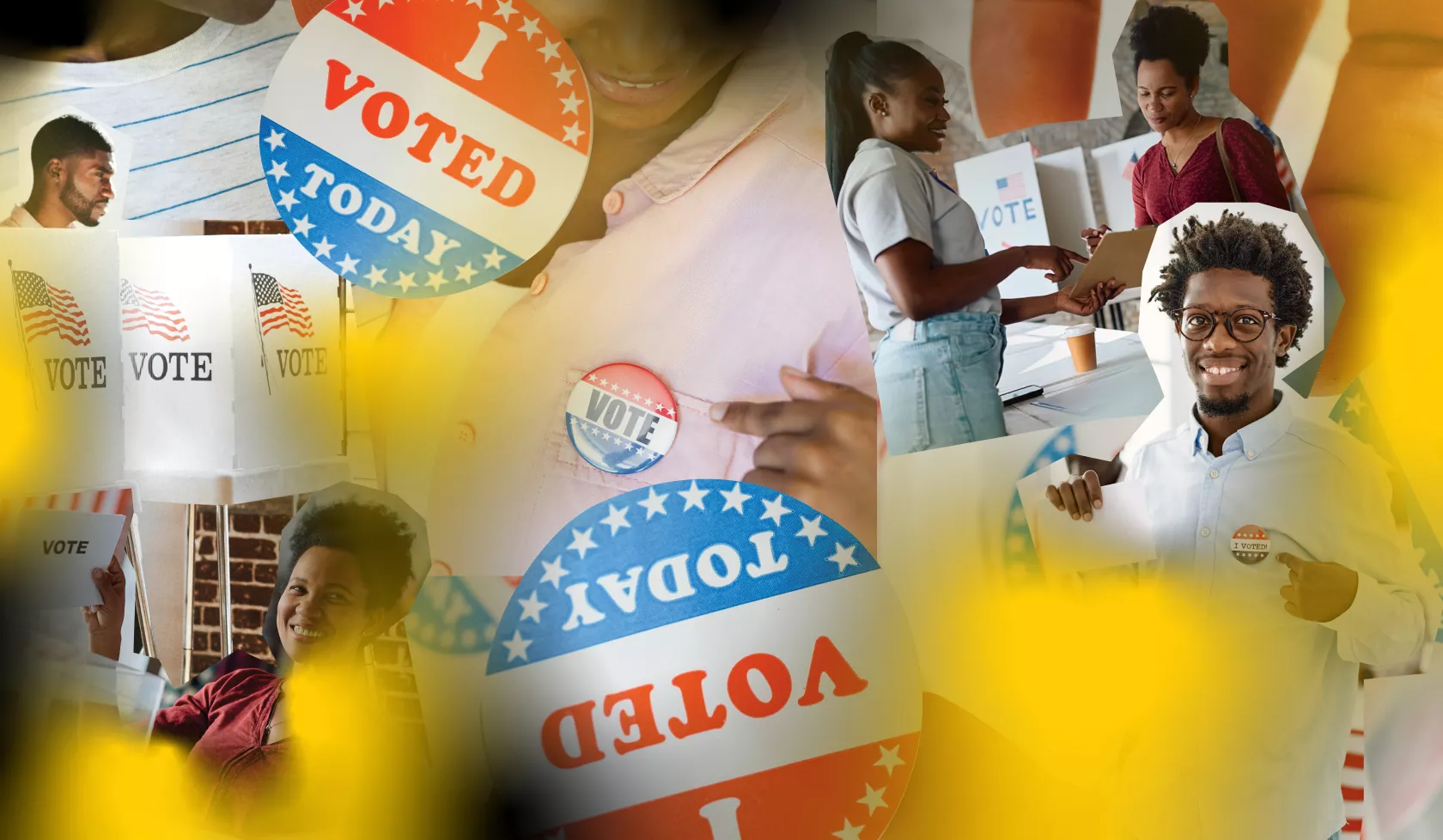 A collage of voting symbols and Black voters.