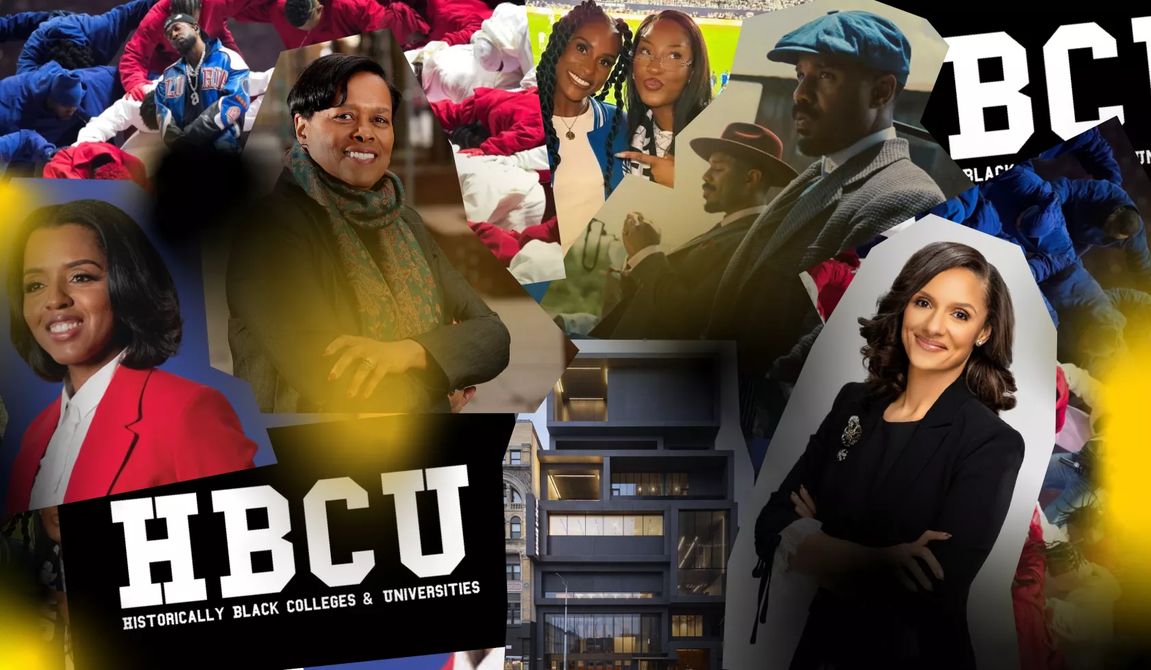 A collage featuring Kendrick Lamar, Michael B. Jordan, Sharon Owens, Mary Sheffield, and Dorcey Applyrs