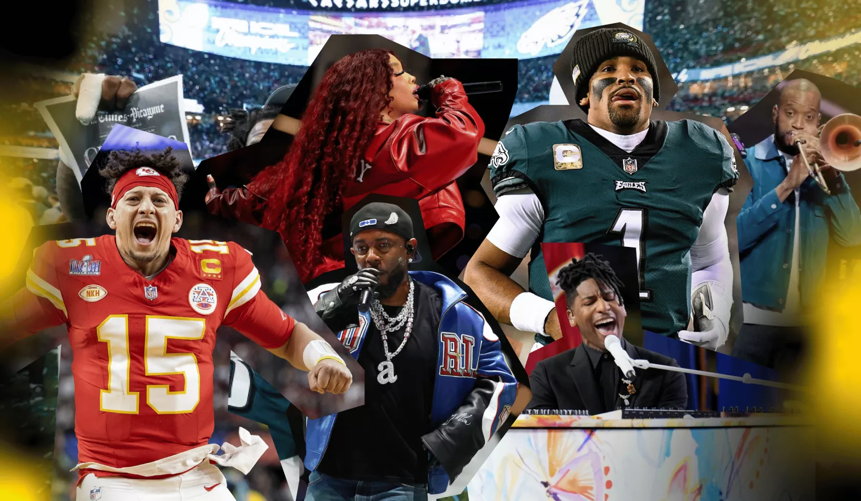 Collage of Jalen Patrick Mahomes, Kendrick Lamar, SZA, Jalen Hurts, and Jon Batiste