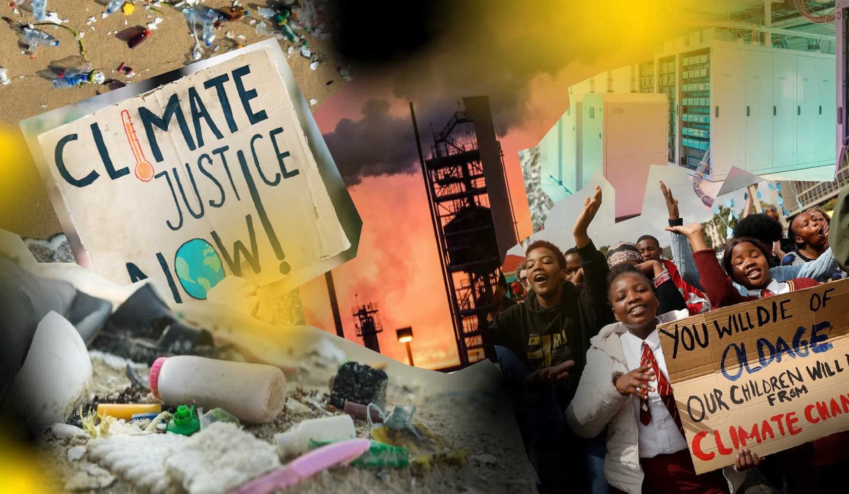A collage of climate justice images, litter, and young people protesting 