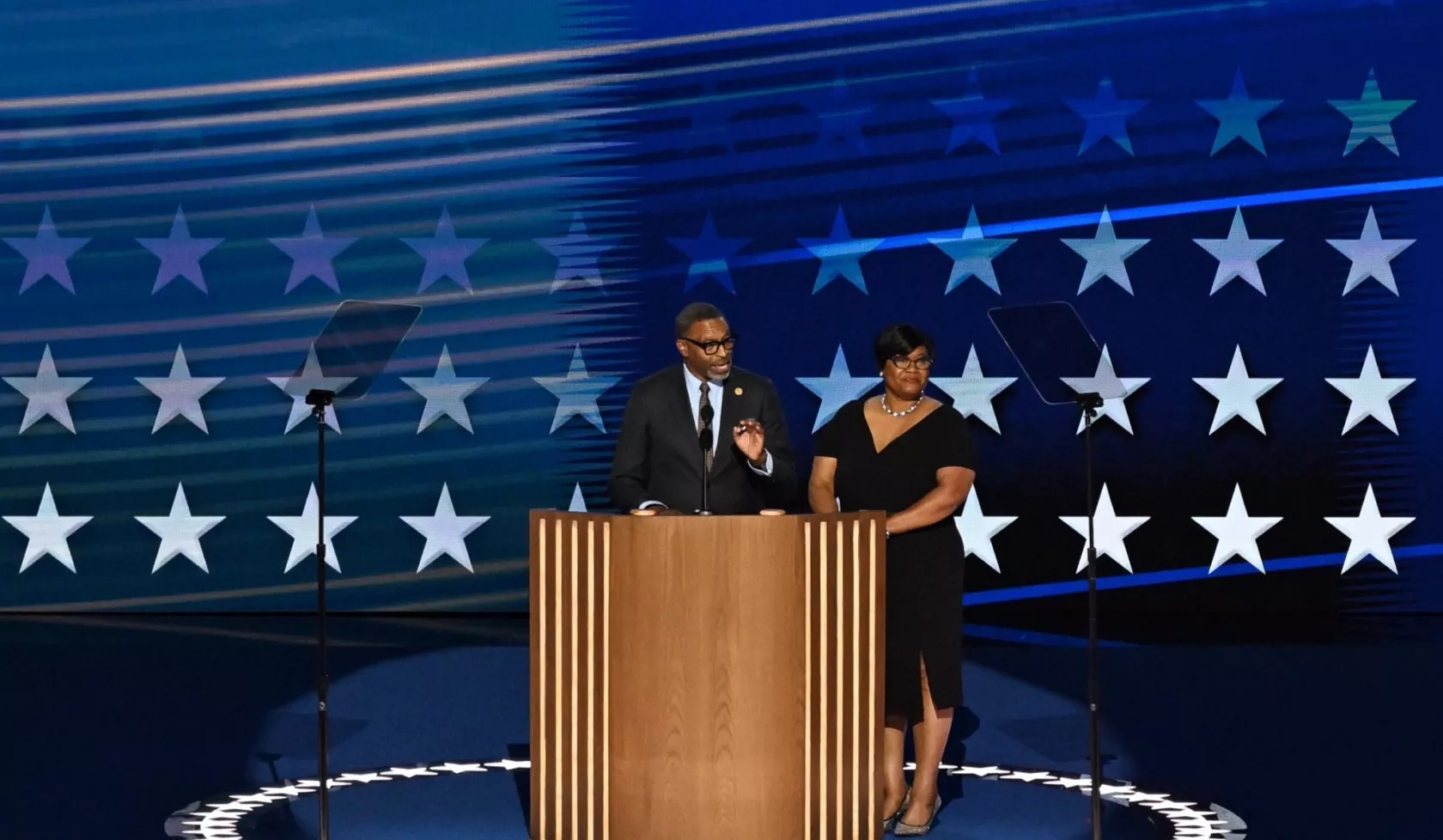 NAACP President Derrick Johnson gives remarks on Night 1 of DNC