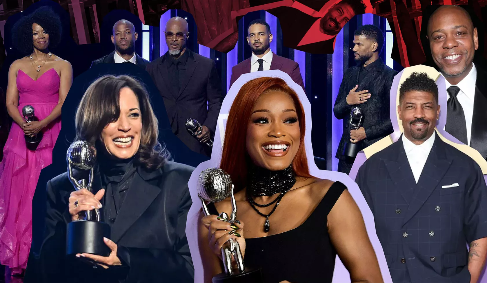 A collage of images featuring the Wayans family, former Vice President Kamala Harris, actress Keke Palmer, comedian Deon Cole, and comedian Dave Chappelle.