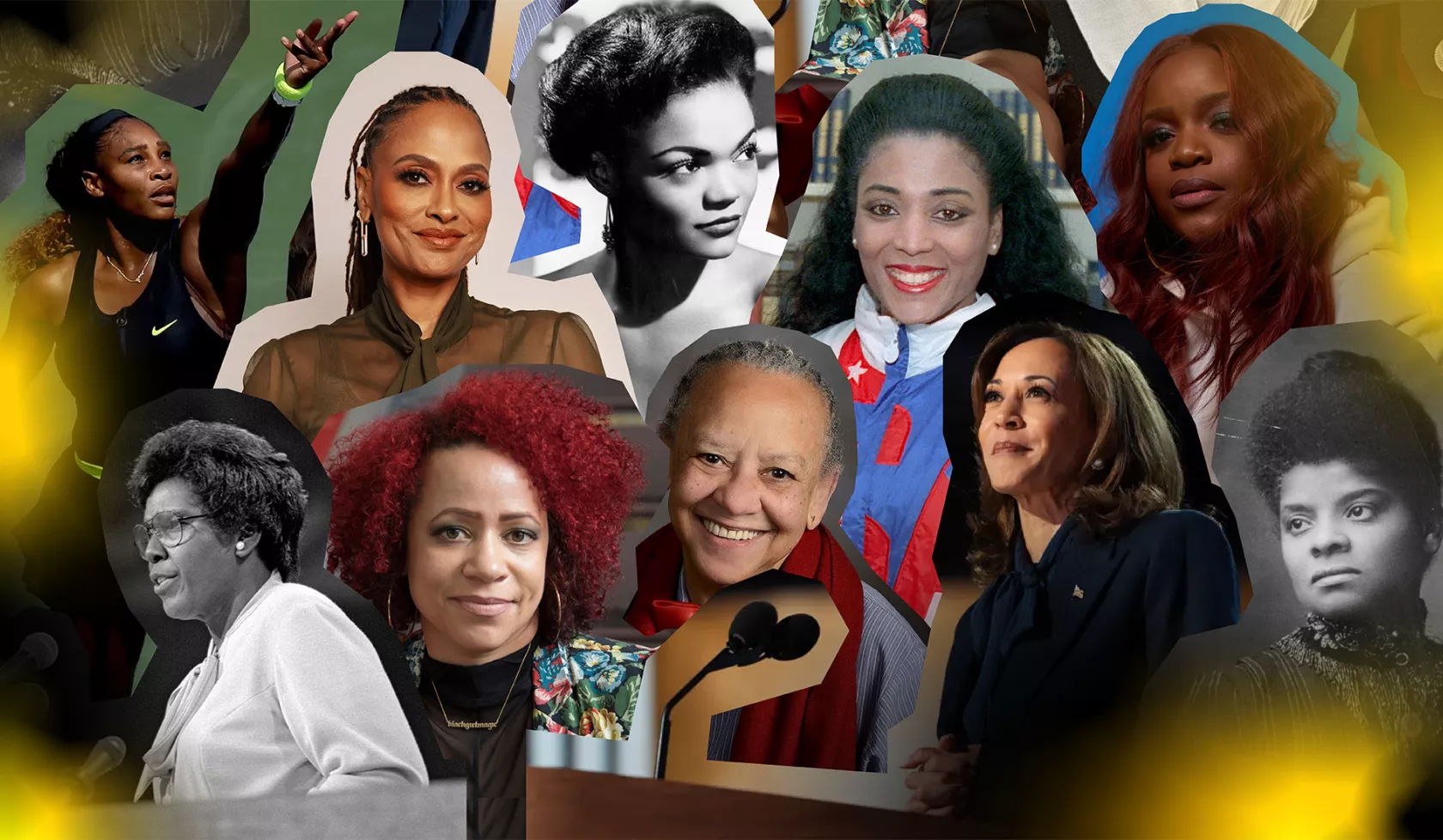 A collage of Ida B. Wells, Brittany Packnett Cunningham, Nikki Giovanni, Nikole Hannah-Jones, Barbara Jordan, Kamala Harris, Eartha Kitt, Ava DuVernay, Florence Griffith Joyner, and Serena Williams.