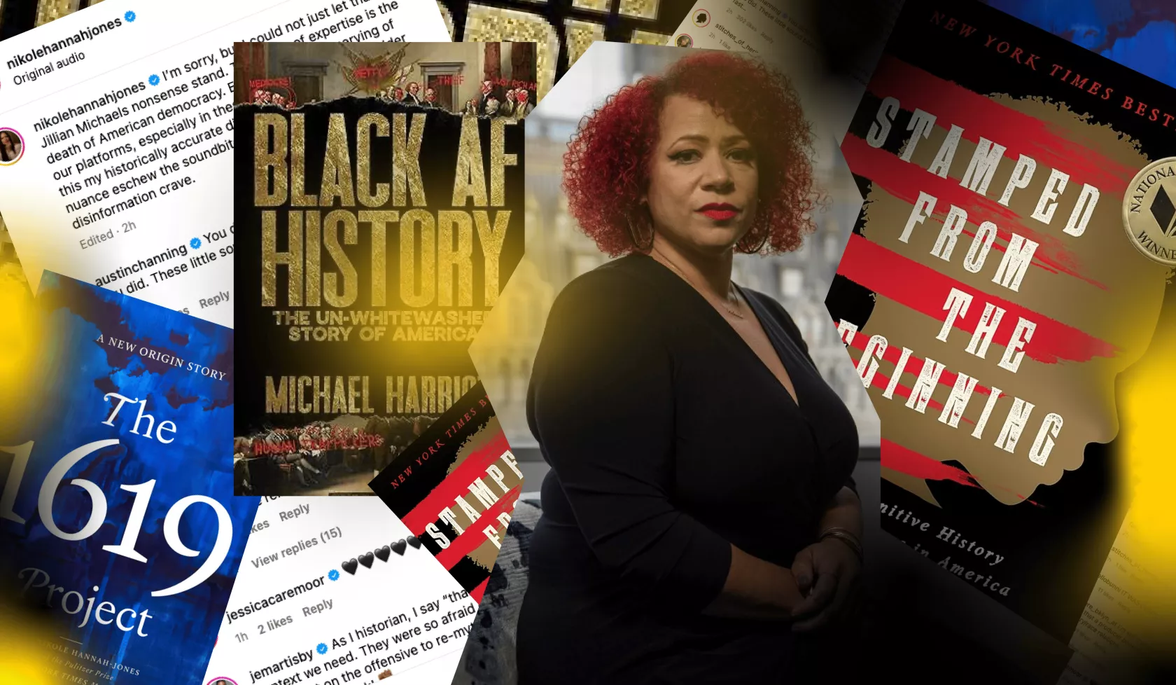 Nikole Hannah Jones headshot and book covers