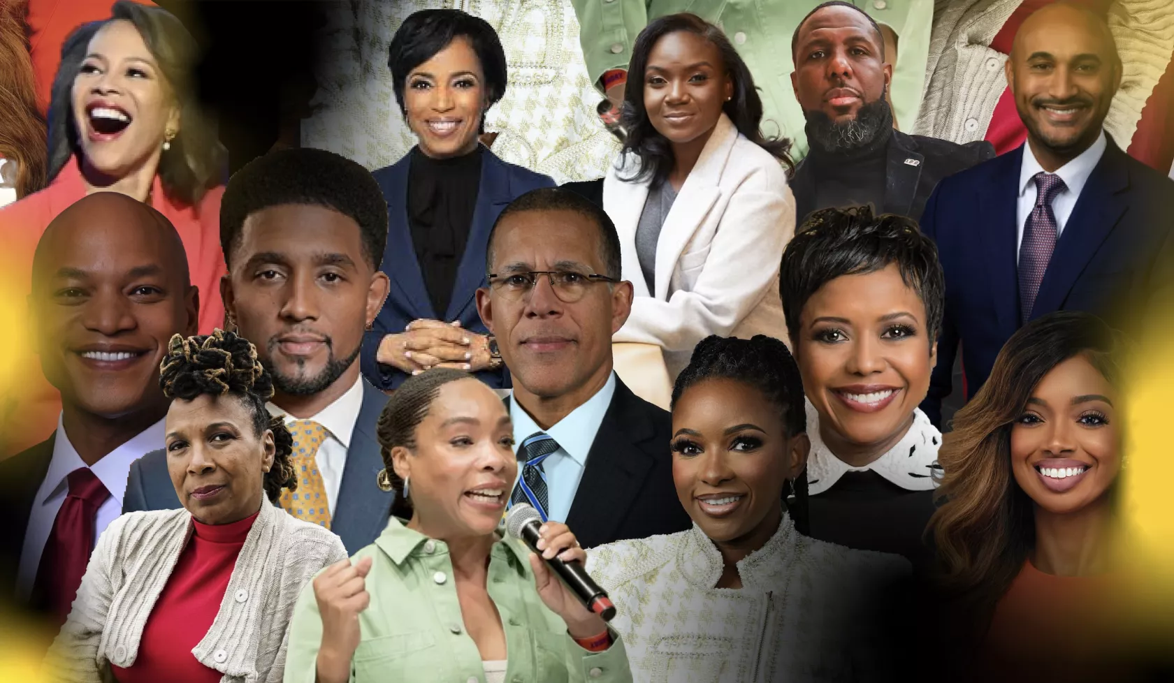 Collage of Rep. Jasmine Crockett, Maryland Gov. Wes Moore, Baltimore Mayor Brandon Scott, Attorney General Anthony G. Brown, Senator Angela Alsobrooks, Senator Lisa Blunt Rochester, Rep. Shomari Figures, Kimberle W. Crenshaw, Dr. Wes Bellamy, Dr. Kizzmekia S. Corbett, Ariane Simone, Mellody Hobson, and Fawn Weaver