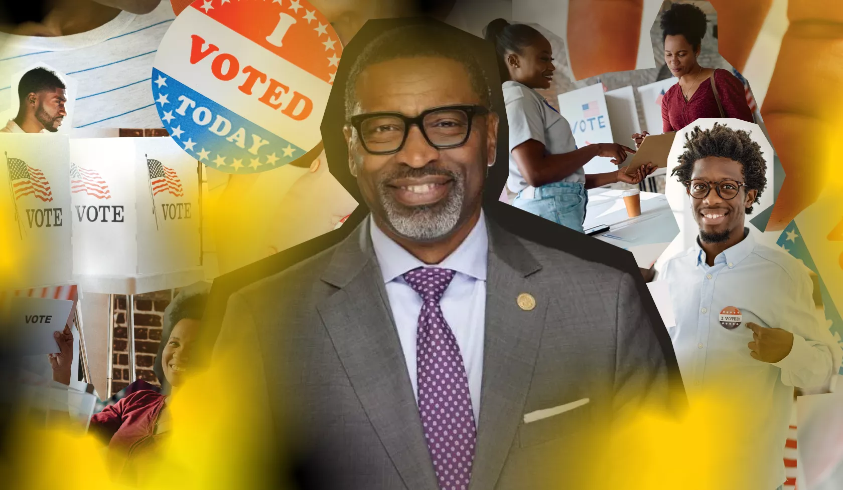 Headshot of Derrick Johnson with voting paraphernalia in the background