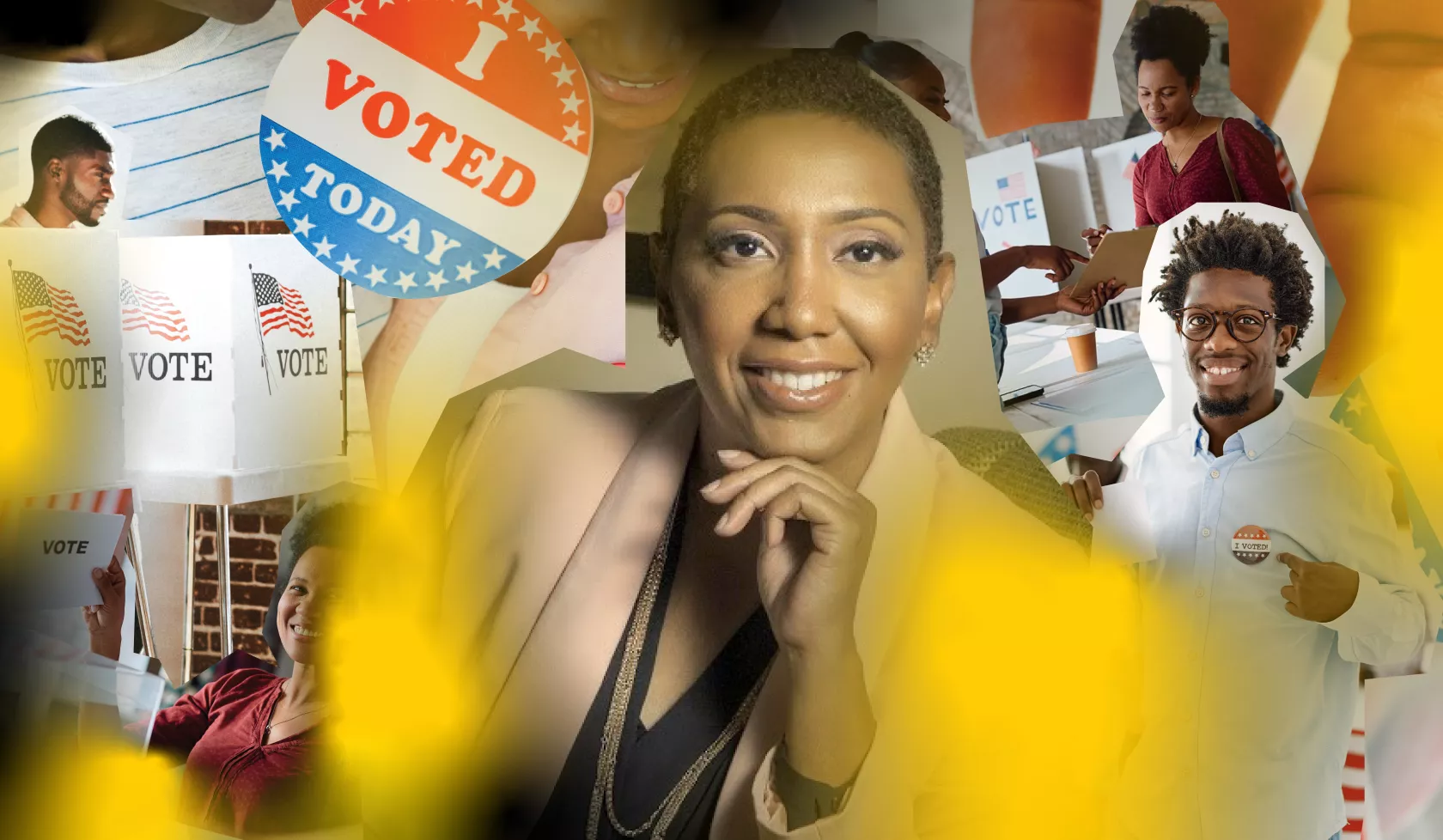 Headshot of Shannon Hayes with voting paraphernalia in the background