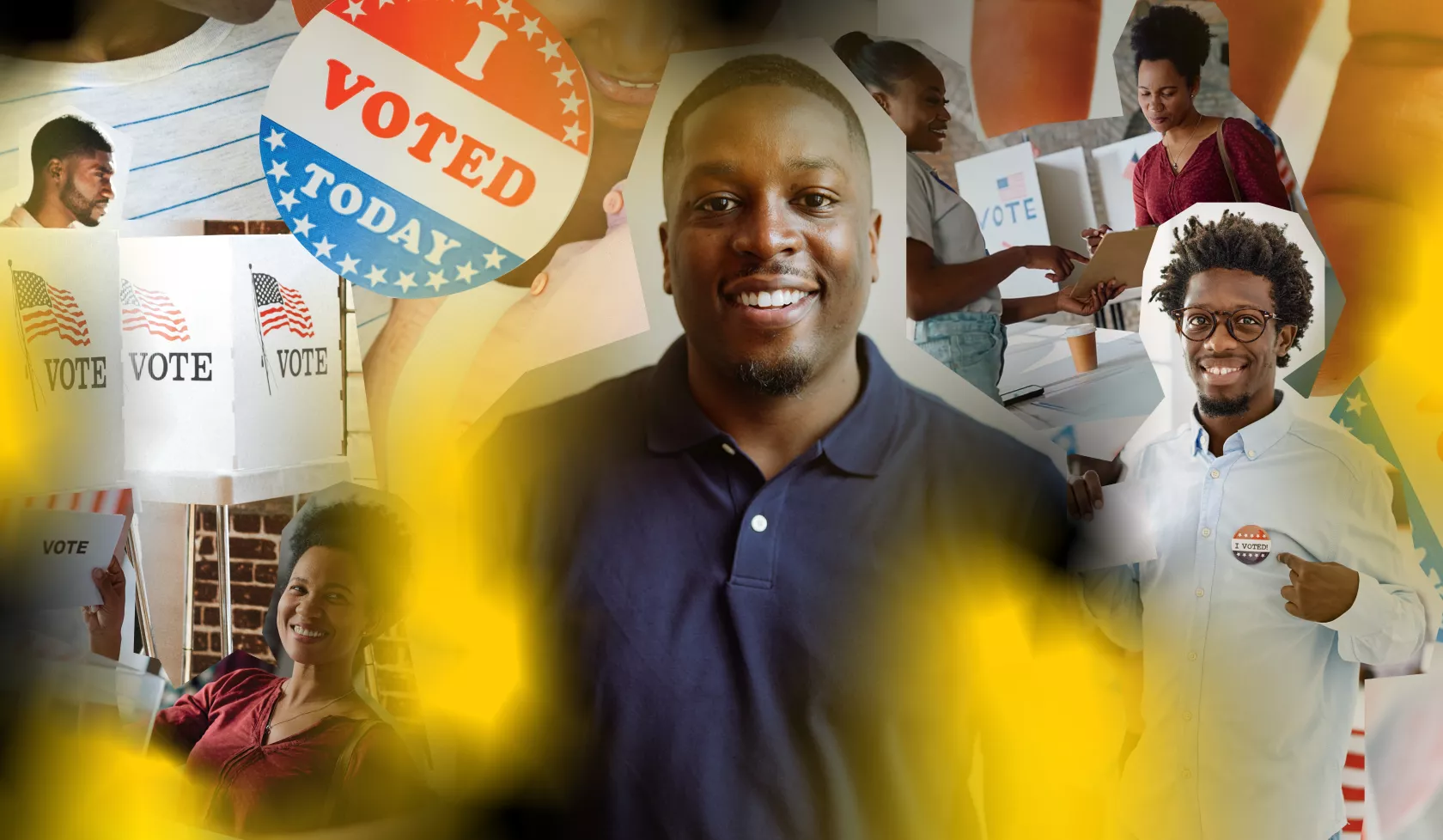 Headshot of Jonathon Lewis with voting paraphernalia in the background