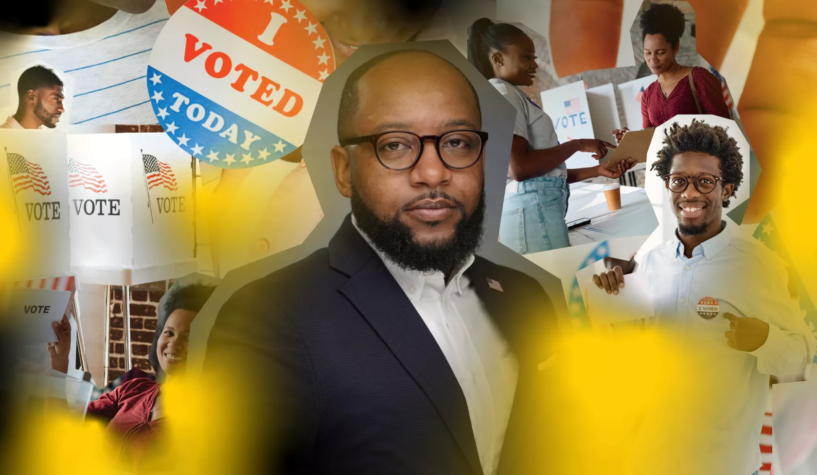 Headshot of Demar Roberts with voting paraphernalia in the background