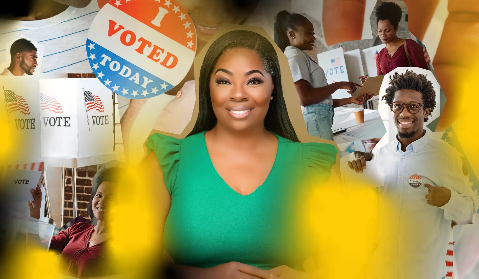 Headshot of Monica Gibbs with voting paraphernalia in the background