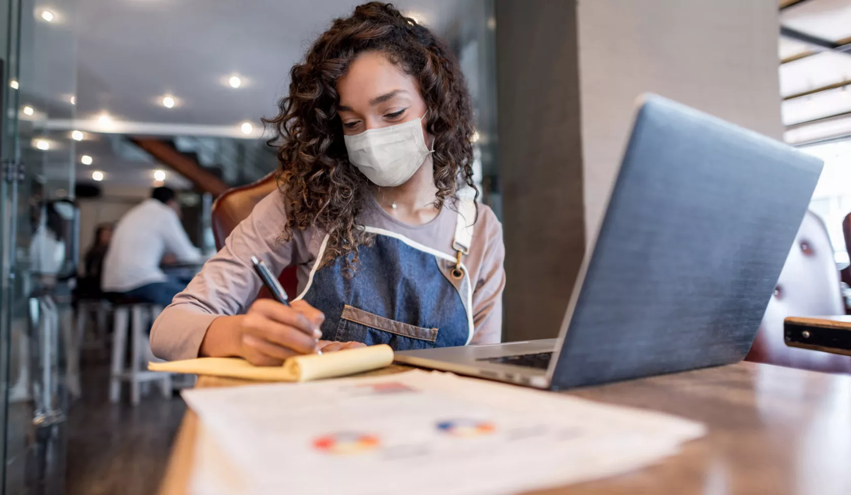 Masked Girl Studying with Computer and Notes - Inside