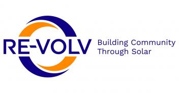 Blue and orange circular design behind large blue text reading RE-VOLV, with smaller blue text to the right reading Building Community Through Solar