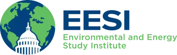 Graphic of earth with a white domed building in front of it, large blue text reading EESI to the right, and smaller green text beneath reading Environmental and Energy Study Institute