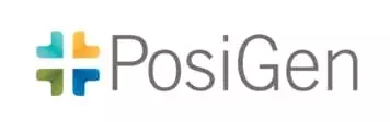 Grey text reading PosiGen next to a blue, orange, and green logo shaped like a plus (+) sign