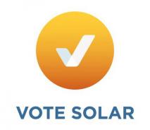Orange circle with a white checkmark above blue text reading VOTE SOLAR
