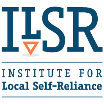 Large blue text reading ILSR with a small orange triangle under the L and smaller blue text reading INSTITUTE FOR Local Self-Reliance beneath