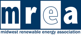 Blue and white alternative boxes and letters reading mrea with small blue text beneath reading midwest renewable energy association