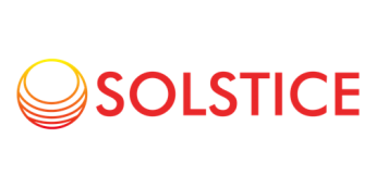 Logo image with the name SOLSTICE in large red font next to a circular design