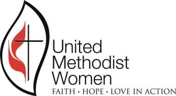 Black cross and red flame image within a leaf-shaped black outline, with large text reading United Methodist Women to the right and smaller text reading FAITH HOPE LOVE IN ACTION below that