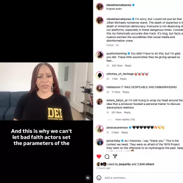 Nikole Hannah-Jones on Instagram discussing the history of slavery