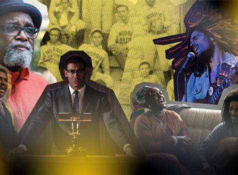 A collage of images from Genius: MLK/X, The League, and One Love.