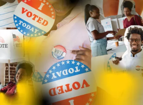 A collage of voting symbols and Black voters.