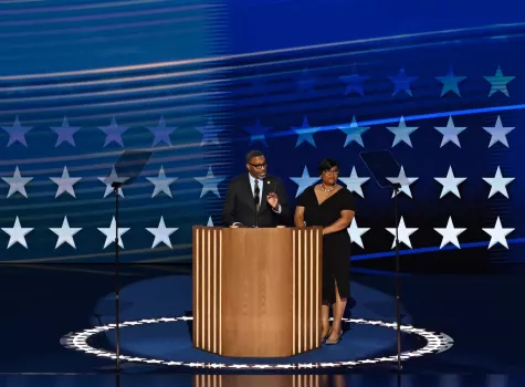 NAACP President Derrick Johnson gives remarks on Night 1 of DNC