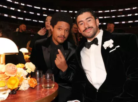 Comedian Trevor Noah and musician Bad Bunny pose for a photo at the 68th Annual Grammy Awards.
