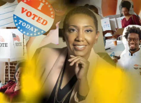 Headshot of Shannon Hayes with voting paraphernalia in the background