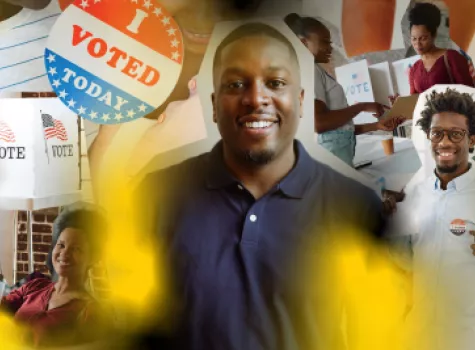 Headshot of Jonathon Lewis with voting paraphernalia in the background