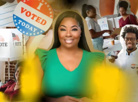 Headshot of Monica Gibbs with voting paraphernalia in the background