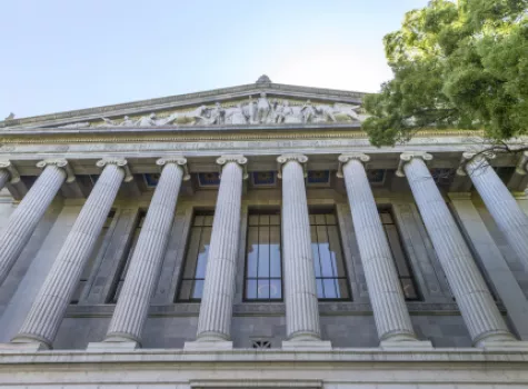 Looking Up at a Courthouse with Columns on a Summer Day